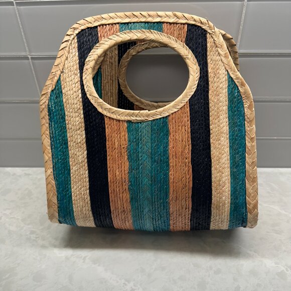 Striped Woven Straw Boho Tote Bag Boho Summer Beach Handbag - Picture 8 of 12